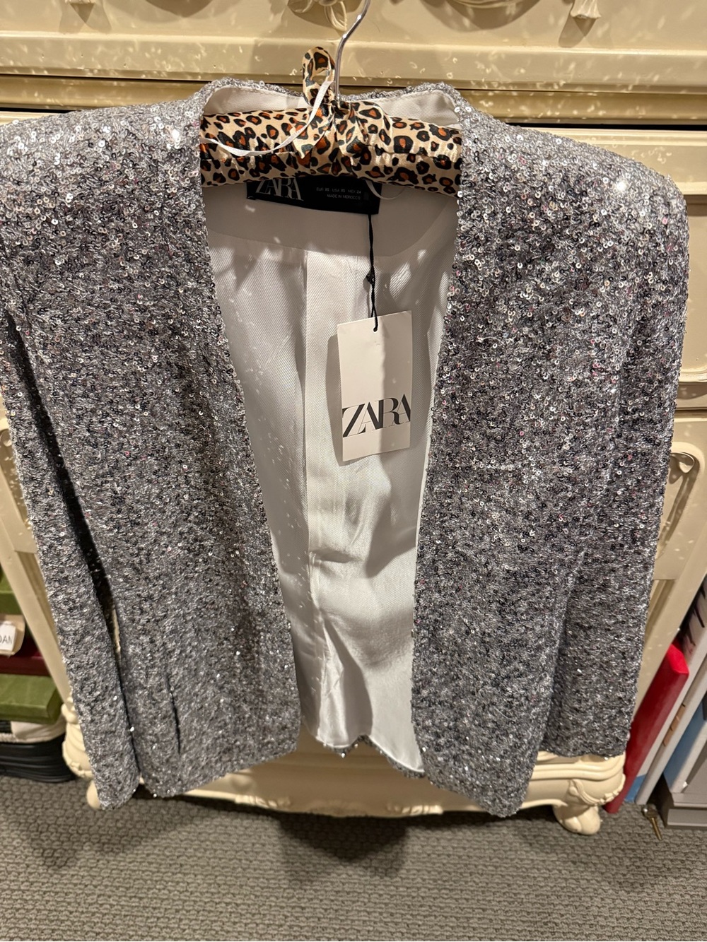 ZARA Silver Sequin Open-Front Blazer